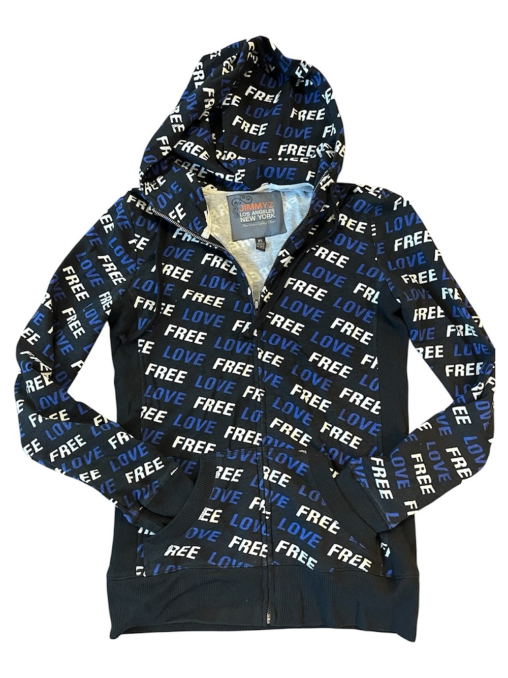 Jimmy Z Y2K “Free Love” printed  Zip Hoodie - Black/Blue size XS